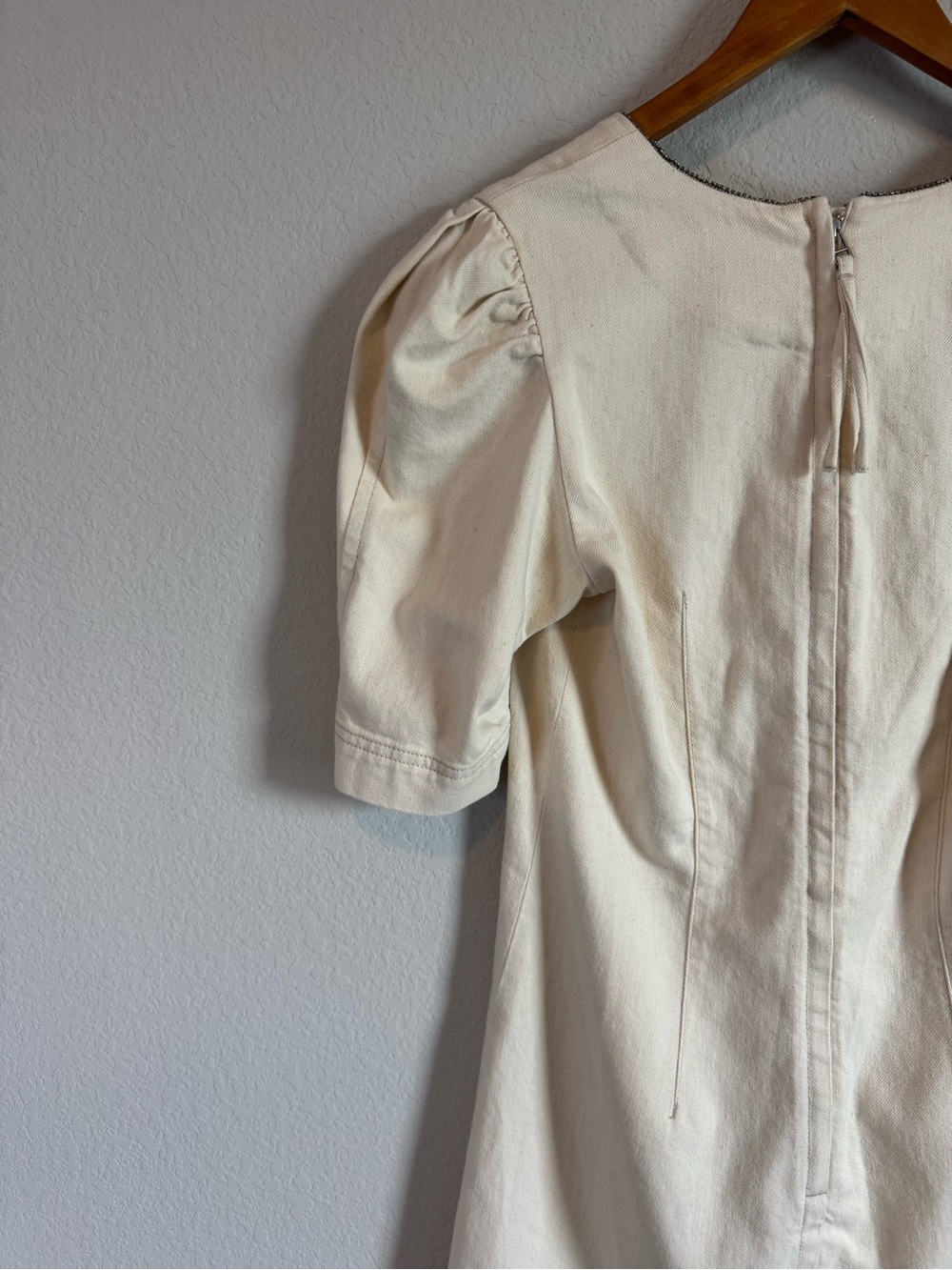 Something Navy Beige Spencer Denim Embellished Puff Sleeve Mini Dress Size M - Picture 9 of 10